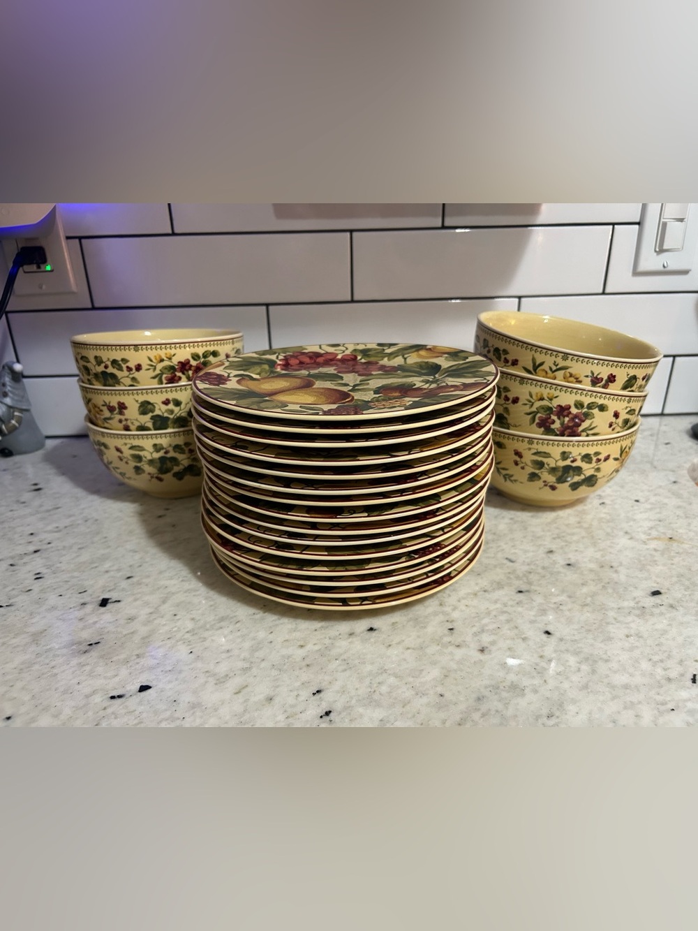 Vintage Waverly Fruit & Floral Dessert Plates and Bowls in Yellow and Green